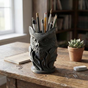 Peut inclure: Un pot à crayons en forme de hibou gris foncé, rempli de stylos, de crayons et d'un pinceau. Le hibou présente des motifs détaillés de plumes et de feuilles. Une petite plante succulente dans un pot en terre cuite et un bloc-notes sont également sur le bureau en bois.