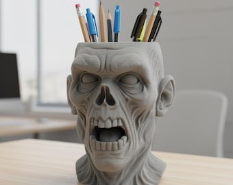 Skull Pen Holder STL – Zombie Head Desk Organizer 3D Print File, Gothic Pencil Holder, Horror Desk Decor Digital Download
