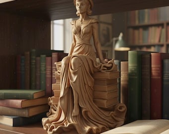 May include: A light brown wooden figurine of a person wearing a hat and a flowing dress, seated atop a stack of books. The sculpture features intricate carved details on the fabric folds and the figure's posture, presented in a monochromatic tone.