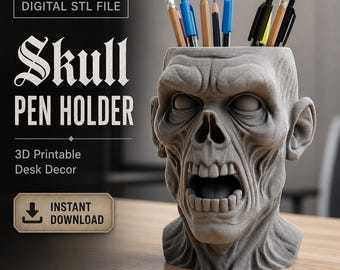 Pennhållare med dödskalle 3D STL – Skrivbordsorganisatör med zombiehuvud, gotisk skräckdekor (digital nedladdning)