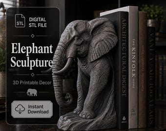 Puede incluir: Una escultura de elefante gris oscuro diseñada como sujetalibros, con textura de piel detallada y colmillos curvos. La imagen incluye el texto: DIGITAL STL FILE, Elephant Sculpture, 3D Printable Decor e Instant Download.