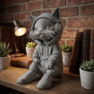 以下が含まれることがあります： グレーの猫の置物。フード付きパーカー、ヘッドフォン、スニーカーを着用しています。猫は足を組んで座っています。置物は、本、植物、ランプのある木製の表面にあります。猫は詳細なデザインです。