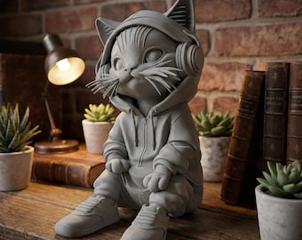 Cute Cat with Headphones 3D STL | Hoodie Cat Figurine | 3D Printable Cat Sculpture | Desk Decor | Digital Download
