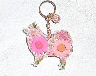 Personalized Flowers Pomeranian Pom Pom Puppy Dog Keychain: Dog Mom Gifts Pet Keychains