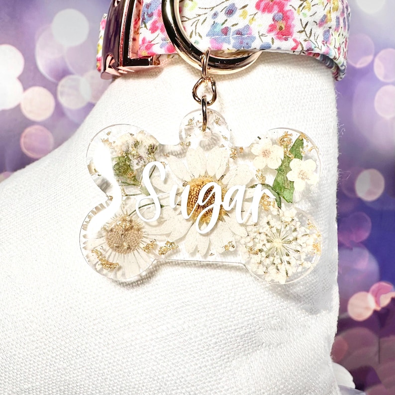 Personalisierte Blumen Hundeknochen ID Tag: Echte gepresste Blumen Bild 4
