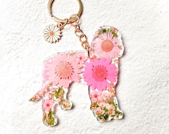 Handmade Flowers Goldendoodle Silhouette Keychain: Real Pressed Flowers Pet Accessories
