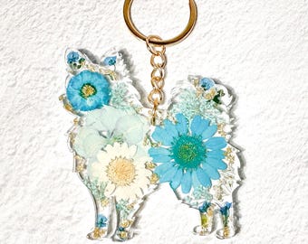 Personalized Long Hair Chihuahua Silhouette Keychain: Pressed Flowers Dog Bag Charm