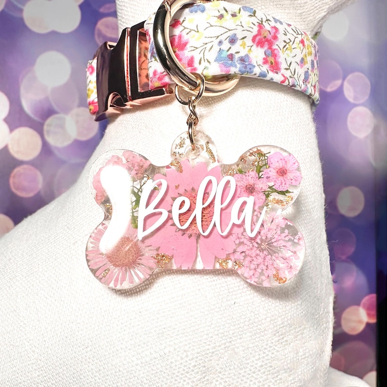 Personalisierte Blumen Hundeknochen ID Tag: Echte gepresste Blumen Bild 2