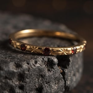 Vintage Floral Diamond Ruby Band | Solid Gold Stacking Ring