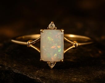 Opal Ring Gold | Rechteckiger Opal Verlobungsring | Zierlicher Oktober Geburtsstein Ring | Minimalist Vintage Opal Schmuck Geschenk für Sie