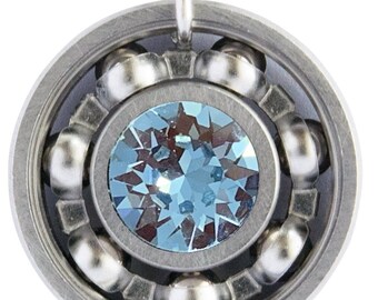 Aquamarine Crystal Roller Derby Skate Bearing Pendant Necklace - March Birthstone