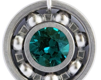 Emerald Green Crystal Roller Derby Skate Bearing Pendant Necklace - May Birthstone