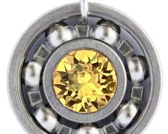 Light Topaz Crystal Roller Derby Skate Bearing Pendant Necklace - November Birthstone