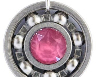 Pink Peony Crystal Roller Derby Skate Bearing Pendant Necklace