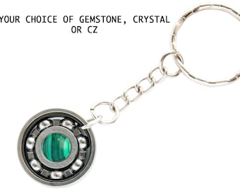 Roller Derby Skate Bearing Keychain - YOUR CHOICE of Gemstone, Crystal, or CZ!