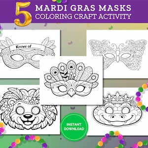 Könnte beinhalten: Fünf Malvorlagen für Mardi Gras-Masken. Jede Maske hat ein einzigartiges Design, darunter ein Schmetterling, ein Löwe, ein Krokodil und zwei weitere dekorative Masken. Der Text "Instant Download" befindet sich auf einem grünen Kreis.
