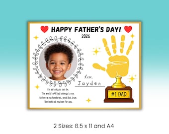 May include: A Father's Day card with a photo of a child, a handprint, and the text "HAPPY FATHER'S DAY!" and "#1 DAD". The card includes the text "I'm as lucky as can be. The world's #1 Dad belongs to me."