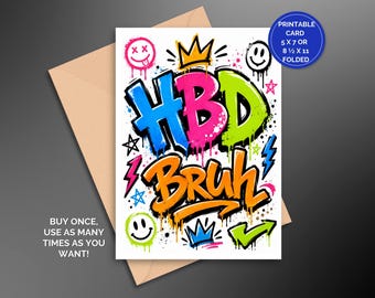 Funny Bruh Birthday Card, Printable Birthday Card for Boys and Teens, Graffiti HBD Card, Cool Teen Birthday Card, Instant Download