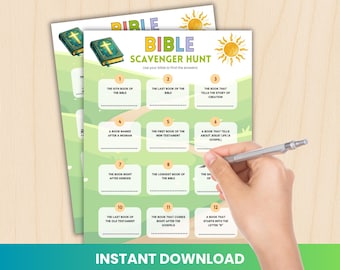 May include: Bible Scavenger Hunt printable game with a green and yellow design. The game includes fill-in-the-blank questions about the Bible. The words "Bible" and "Instant Download" are visible. A hand is holding a pen over the game.