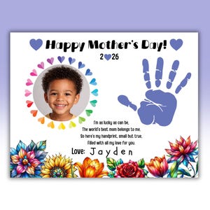 May include: A personalized Mother's Day card with a photo of a smiling child, a blue handprint, and floral illustrations. The card reads "Happy Mother's Day!" and includes a message from "Jayden."