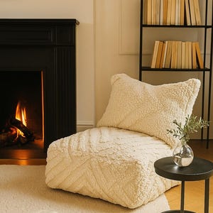 Peut inclure: Un fauteuil en sherpa crème et un coussin assorti sur un tapis crème. Une petite table d'appoint noire avec un vase et de la verdure. Une cheminée avec un feu et une bibliothèque remplie de livres en arrière-plan.
