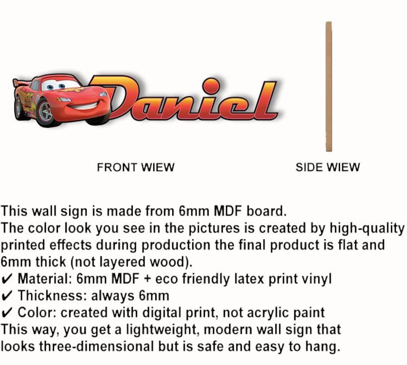 K&ouml;nnte beinhalten: Wandschild mit dem Namen "Daniel" und einer roten Rennwagen-Grafik. Das Schild besteht aus 6 mm MDF-Platte und hat ein flaches Design. Die Seitenansicht zeigt die 6 mm Dicke. Leicht und einfach aufzuh&auml;ngen.