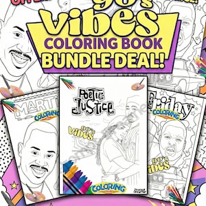 以下が含まれることがあります： 「Poetic Justice 90's Vibes」と「Friday Coloring」のテキストが入った塗り絵本のバンドル。 3冊セットでお得です。 表紙には人や車のイラストが描かれています。