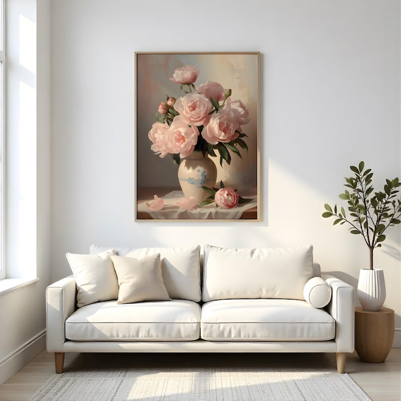 Pink Peony Art Print, Vintage Floral Wall Art, Botanical Oil Painting ...