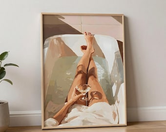 Modern Abstract Bathroom Wall Art Printable, Martini Glass Digital Art, Woman Bath Wine Art, Feminine Self Care Cocktail Decor for Home Spa