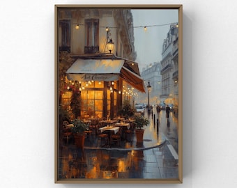 Arte mural callejero de un café parisino / Pintura de una melancólica ciudad europea / Decoración de bistró en una noche lluviosa / Arte de viajes románticos / Descarga digital