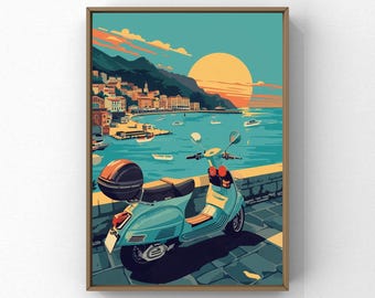 Vespa Wand Kunst Druck, Italien Reise Poster, mediterrane Küsten Dekor, Retro Roller Kunst, Vintage italienische Küste druckbare, digitale Download