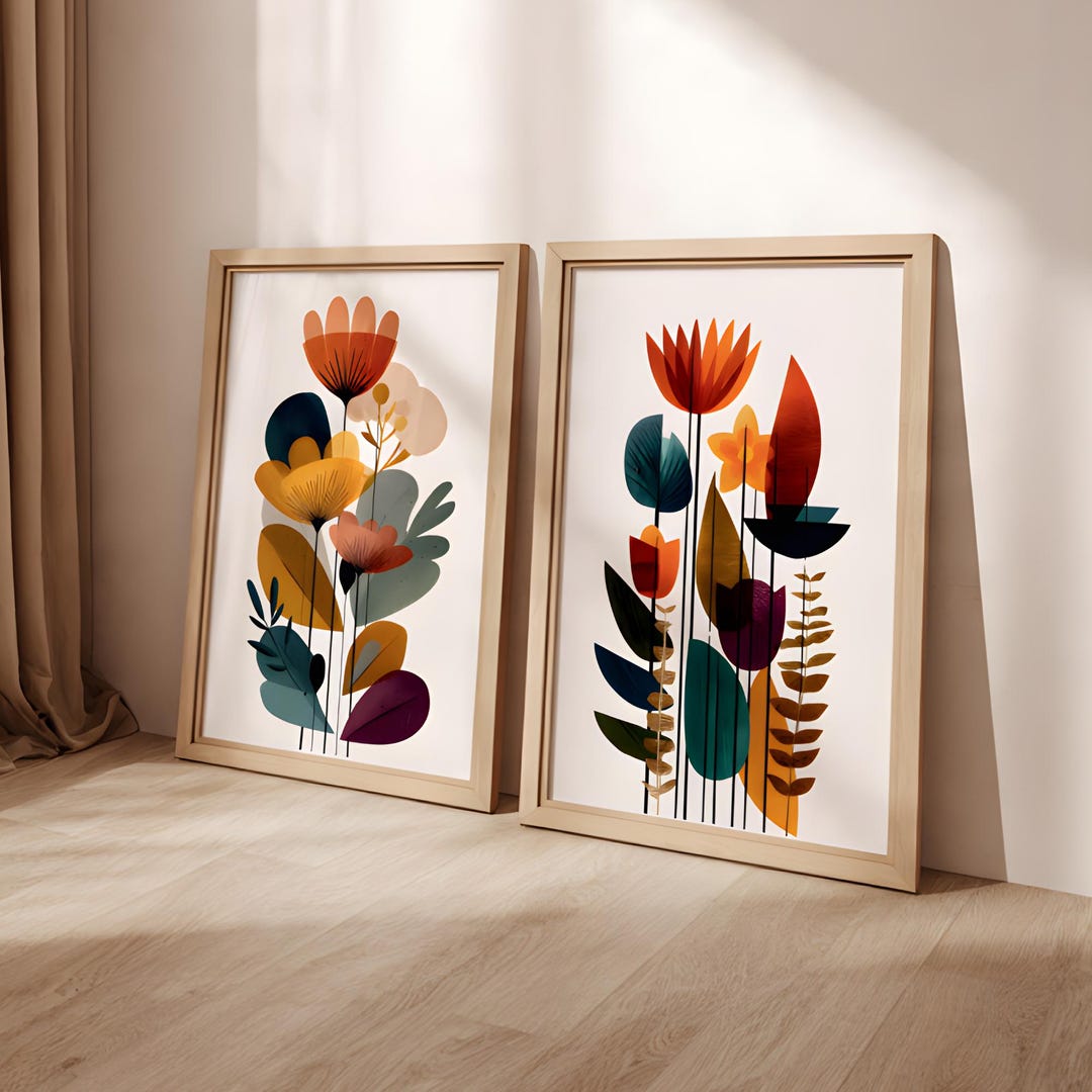 Mid Century Modern Floral Wall Art Set of 2, Abstract Botanical Prints ...