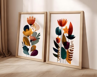Mid Century Modern Floral Wall Art Set of 2, Abstract Botanical Prints, Scandinavian Boho Decor, Nordic Folk Decor, Colorful Living Room art