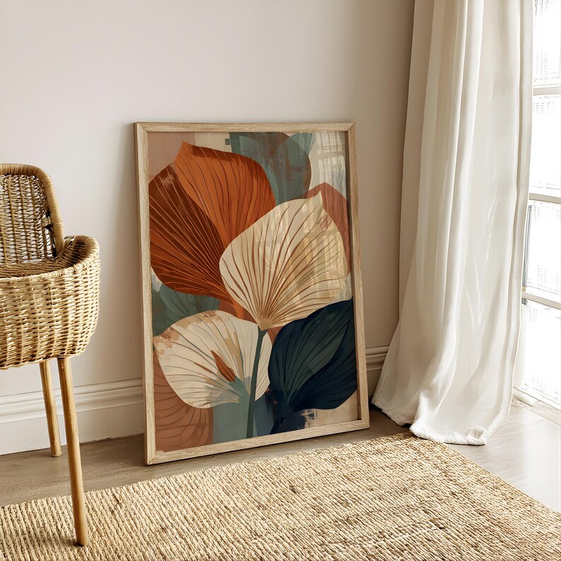 Abstract Botanical Wall Art Print | Terracotta Leaf Mid Century Modern ...