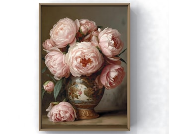 Roze pioenrozen kunst aan de muur | Romantisch bloemenschilderij | Donker bloemendecor | Franse landelijke slaapkamer | Vintage olieverfschilderij, digitale download