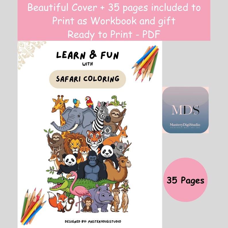 Safari Animal Coloring Book for Kids, Easy Toddler Activity Pages ...