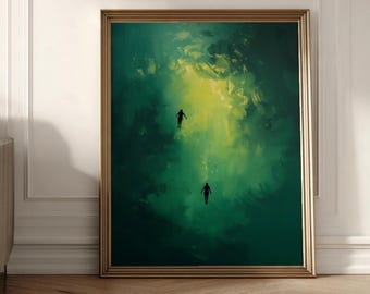 Arte de pared con impresión abstracta de natación en verde, pintura estética verde minimalista retro vintage surrealista, arte de pared para sala de estar, decoración de casa de campo
