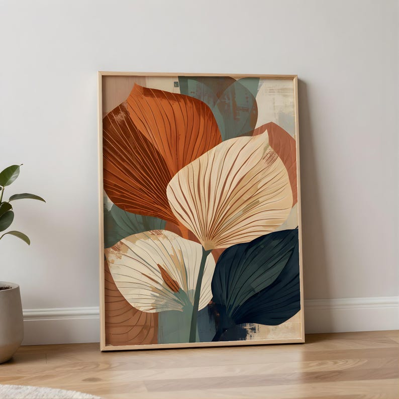 Abstract Botanical Wall Art Print | Terracotta Leaf Mid Century Modern ...