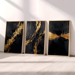 Schwarz und Gold abstrakte Wandkunst Set von 3, moderne druckbare Kunst, strukturierte Malerei Drucke, minimalistische Wohndekoration, Büro Wanddekoration