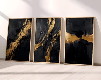 Set di 3 stampe artistiche astratte in nero e oro, stampe artistiche moderne di lusso, stampe con texture, decorazioni per la casa minimaliste, decorazioni per pareti da ufficio