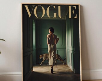 Lámina decorativa vintage de animales para pared, póster surrealista de mujer y guepardo, decoración de tocador estilo cottagecore, regalo estético para ella, arte caprichoso para el dormitorio.