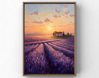 Impresión de arte mural con puesta de sol en un campo de lavanda / Pintura de paisaje provenzal / Decoración de estilo cottagecore / Arte mural floral morado / Descarga digital