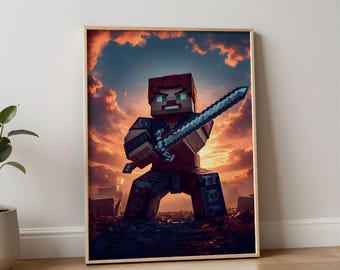 Lámina decorativa de pixel art inspirada en Minecraft / Póster de videojuegos retro / Decoración para sala de juegos infantil / Regalo para gamers / Descarga digital