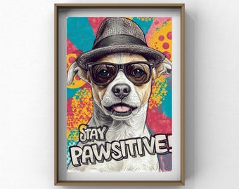 Funny Dog Wall Art “Stay Pawsitive” | Cool Dog Wearing Sunglasses Print | Retro Pop Art Pet Decor | Pet Lover Gift | Digital Download
