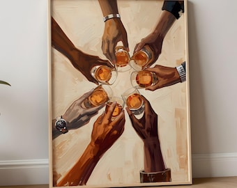 Stampa artistica da parete "Whiskey Cheers", poster per festeggiare con gli amici, decorazione moderna e astratta per carrello bar, arte maschile per soggiorno, opera d'arte per cocktail party.
