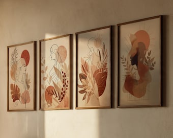 Abstract Feminine Line Art Wall Art Set of 4, Boho Botanical Printable Gallery, Neutral Modern Woman Art, Minimal Decor