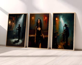 Moody Jazz Wall Art Set of 3 | Noir Music Club Prints | Saxophone & Vocal Lounge Art | Dark Vintage Bar Decor