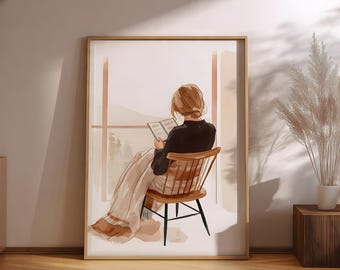 Niña leyendo junto a la ventana / Lámina decorativa para amantes de los libros / Decoración para un rincón de lectura acogedor / Regalo ideal para lectoras / Descarga digital