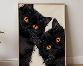 Whimsical Black Cat Wall Art Print, Mid Century Retro Animal Poster, Funny Animal Art, Aesthetic Quirky Home Decor for Kitchen & Living Room