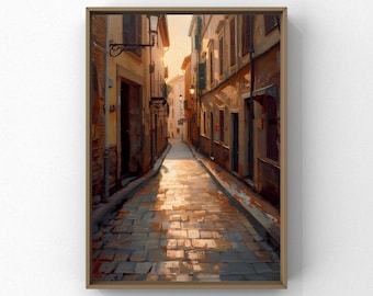 Impresión de arte mural de callejón europeo / Pintura callejera con un cálido atardecer / Decoración de ciudad mediterránea / Obra de arte de viaje vintage / Descarga digital